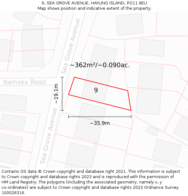 9, SEA GROVE AVENUE, HAYLING ISLAND, PO11 9EU: Plot and title map