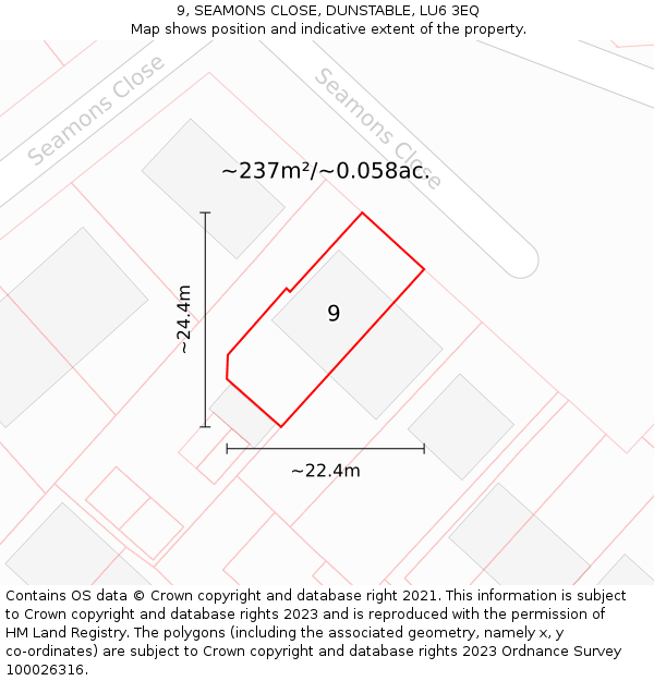 9, SEAMONS CLOSE, DUNSTABLE, LU6 3EQ: Plot and title map