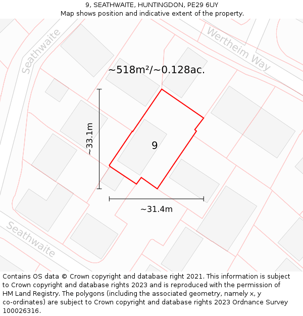 9, SEATHWAITE, HUNTINGDON, PE29 6UY: Plot and title map