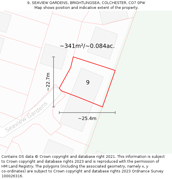 9, SEAVIEW GARDENS, BRIGHTLINGSEA, COLCHESTER, CO7 0PW: Plot and title map