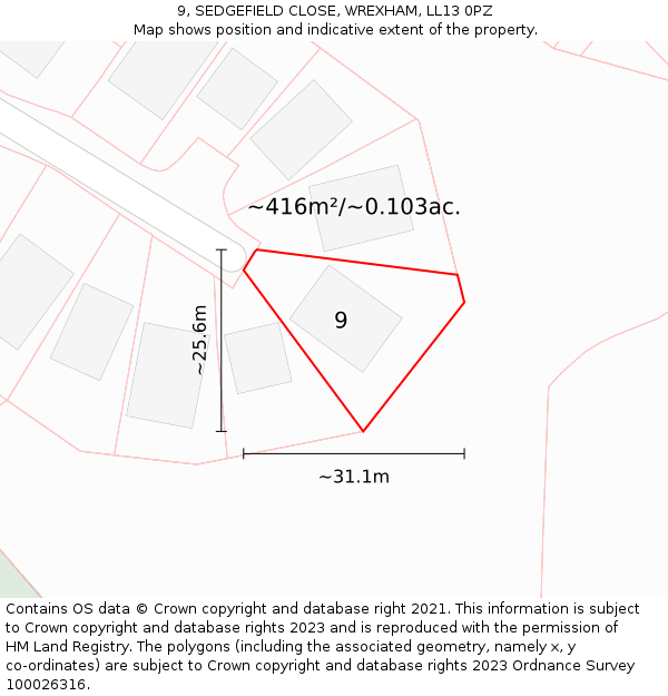 9, SEDGEFIELD CLOSE, WREXHAM, LL13 0PZ: Plot and title map