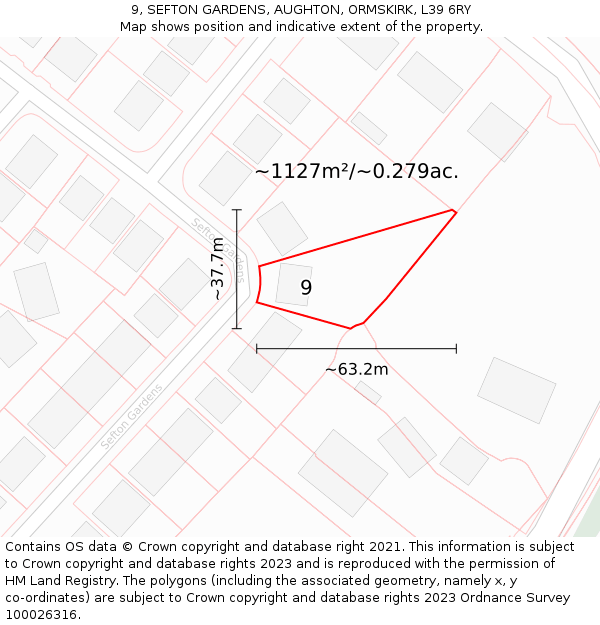 9, SEFTON GARDENS, AUGHTON, ORMSKIRK, L39 6RY: Plot and title map