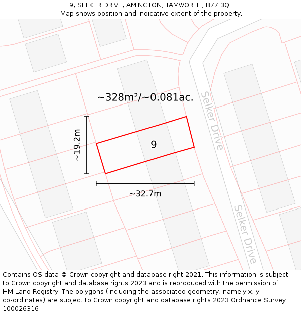 9, SELKER DRIVE, AMINGTON, TAMWORTH, B77 3QT: Plot and title map