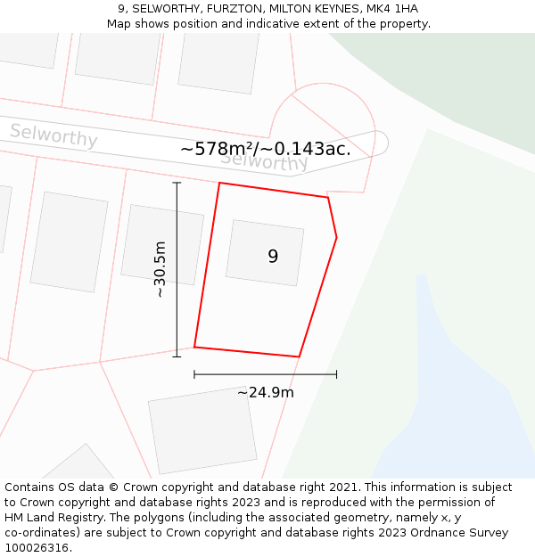 9, SELWORTHY, FURZTON, MILTON KEYNES, MK4 1HA: Plot and title map