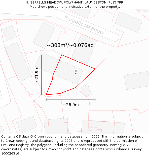 9, SERPELLS MEADOW, POLYPHANT, LAUNCESTON, PL15 7PR: Plot and title map