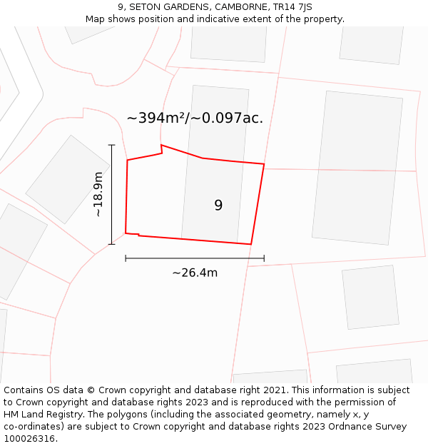9, SETON GARDENS, CAMBORNE, TR14 7JS: Plot and title map