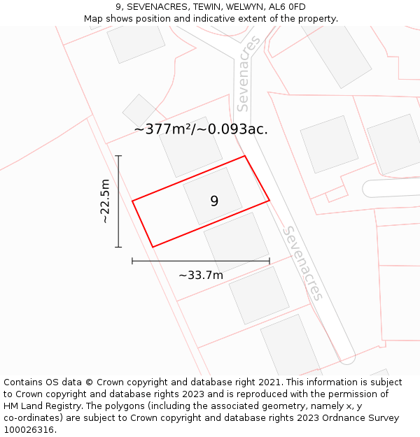 9, SEVENACRES, TEWIN, WELWYN, AL6 0FD: Plot and title map