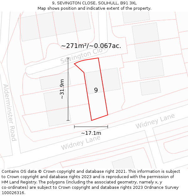 9, SEVINGTON CLOSE, SOLIHULL, B91 3XL: Plot and title map