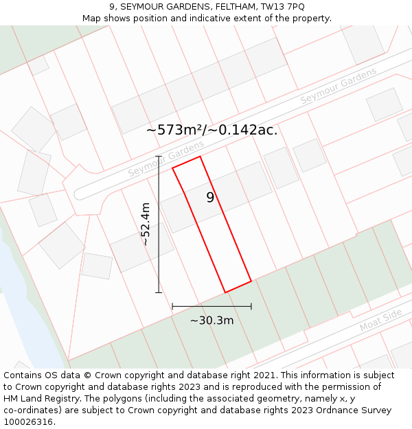 9, SEYMOUR GARDENS, FELTHAM, TW13 7PQ: Plot and title map