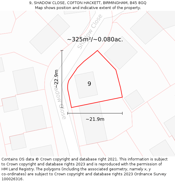 9, SHADOW CLOSE, COFTON HACKETT, BIRMINGHAM, B45 8GQ: Plot and title map