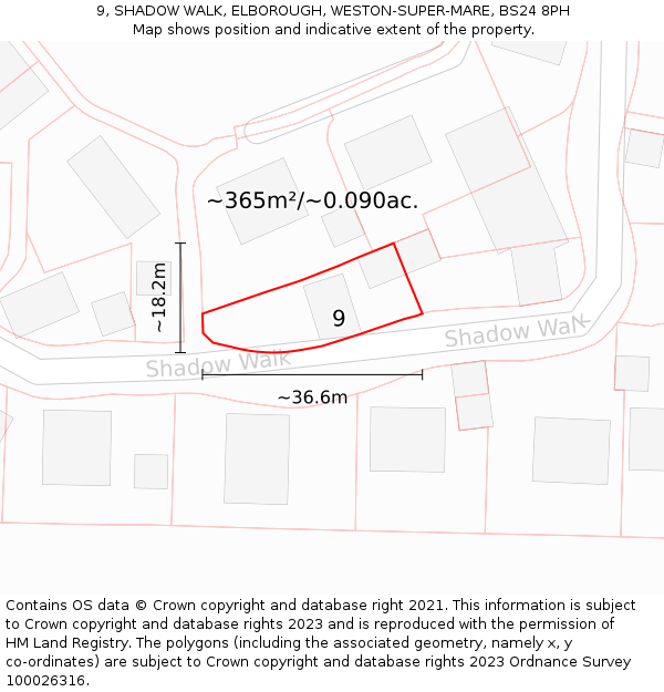 9, SHADOW WALK, ELBOROUGH, WESTON-SUPER-MARE, BS24 8PH: Plot and title map