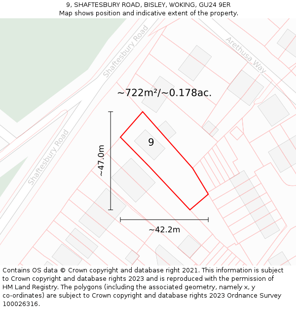 9, SHAFTESBURY ROAD, BISLEY, WOKING, GU24 9ER: Plot and title map