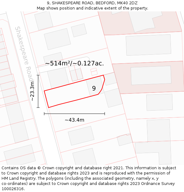 9, SHAKESPEARE ROAD, BEDFORD, MK40 2DZ: Plot and title map