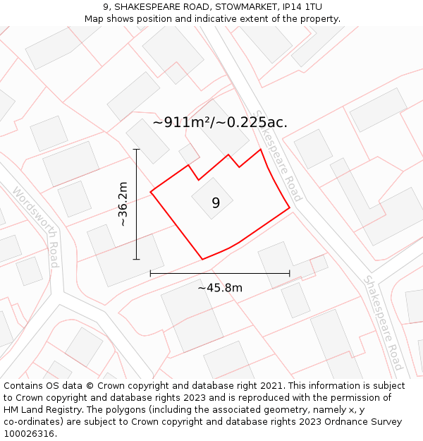 9, SHAKESPEARE ROAD, STOWMARKET, IP14 1TU: Plot and title map