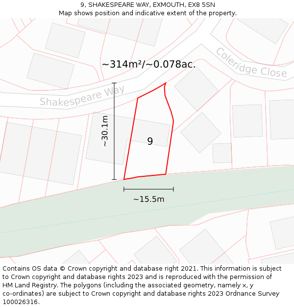9, SHAKESPEARE WAY, EXMOUTH, EX8 5SN: Plot and title map