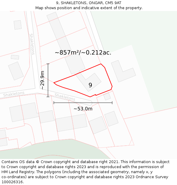 9, SHAKLETONS, ONGAR, CM5 9AT: Plot and title map