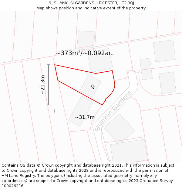 9, SHANKLIN GARDENS, LEICESTER, LE2 3QJ: Plot and title map