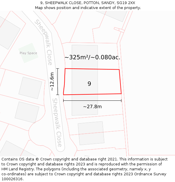 9, SHEEPWALK CLOSE, POTTON, SANDY, SG19 2XX: Plot and title map