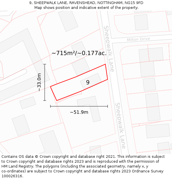9, SHEEPWALK LANE, RAVENSHEAD, NOTTINGHAM, NG15 9FD: Plot and title map