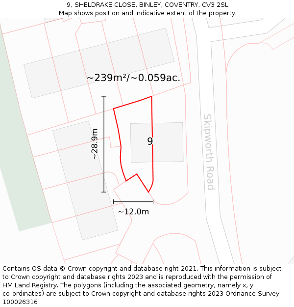 9, SHELDRAKE CLOSE, BINLEY, COVENTRY, CV3 2SL: Plot and title map