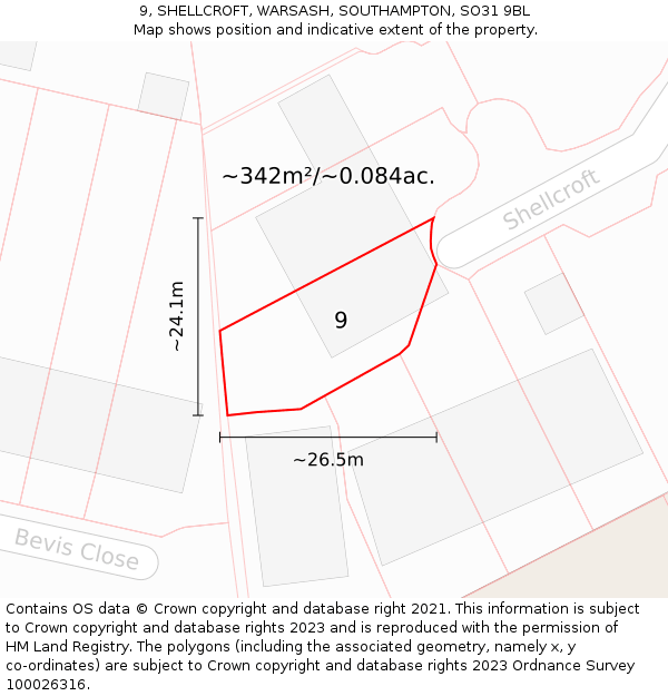 9, SHELLCROFT, WARSASH, SOUTHAMPTON, SO31 9BL: Plot and title map