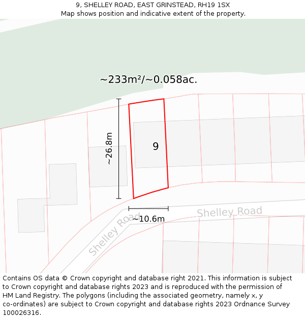 9, SHELLEY ROAD, EAST GRINSTEAD, RH19 1SX: Plot and title map