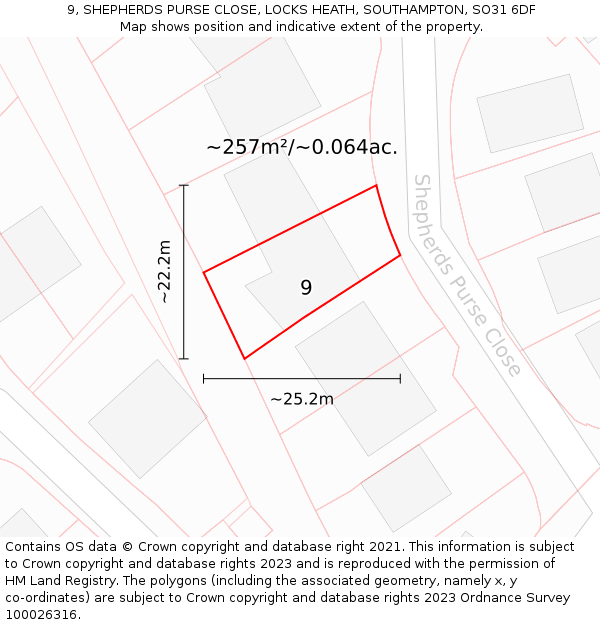 9, SHEPHERDS PURSE CLOSE, LOCKS HEATH, SOUTHAMPTON, SO31 6DF: Plot and title map