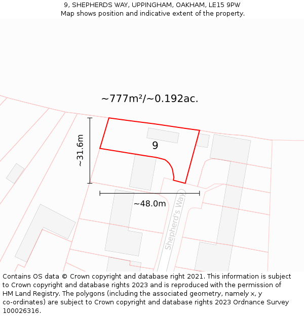 9, SHEPHERDS WAY, UPPINGHAM, OAKHAM, LE15 9PW: Plot and title map