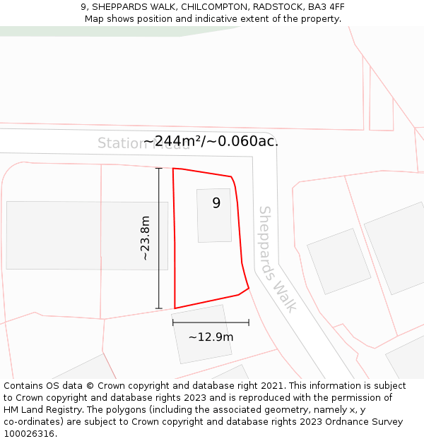9, SHEPPARDS WALK, CHILCOMPTON, RADSTOCK, BA3 4FF: Plot and title map
