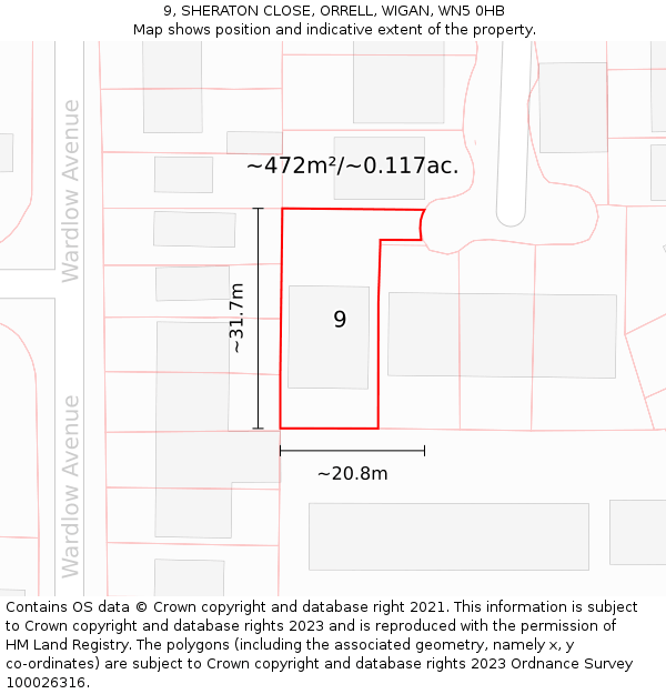 9, SHERATON CLOSE, ORRELL, WIGAN, WN5 0HB: Plot and title map
