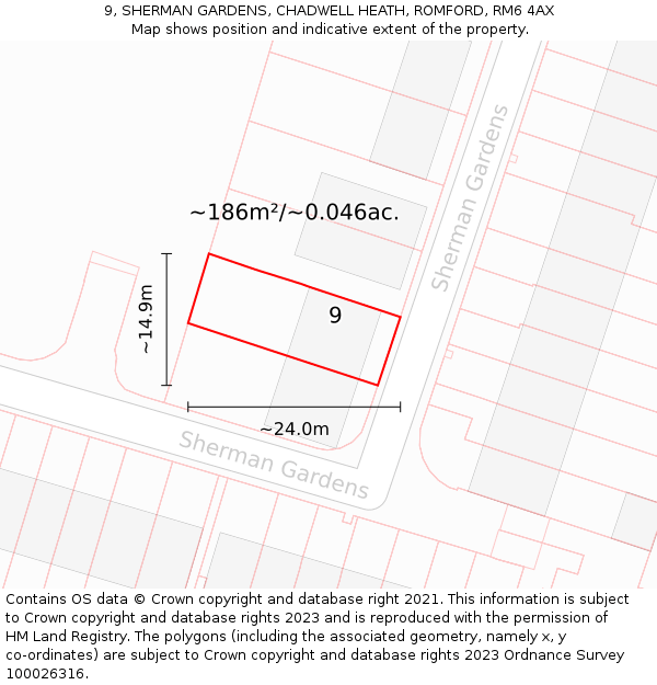 9, SHERMAN GARDENS, CHADWELL HEATH, ROMFORD, RM6 4AX: Plot and title map