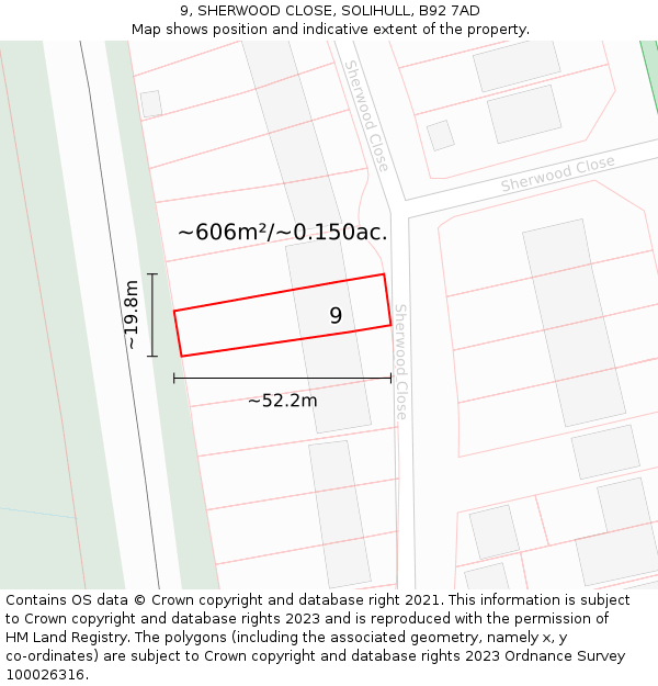 9, SHERWOOD CLOSE, SOLIHULL, B92 7AD: Plot and title map