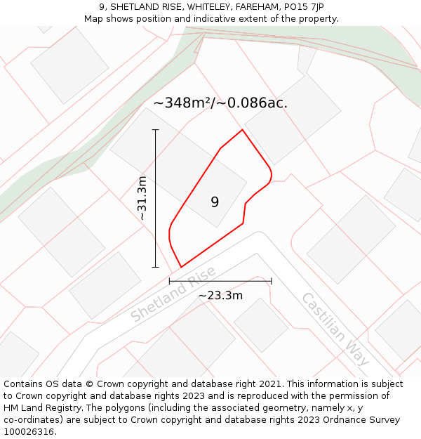 9, SHETLAND RISE, WHITELEY, FAREHAM, PO15 7JP: Plot and title map