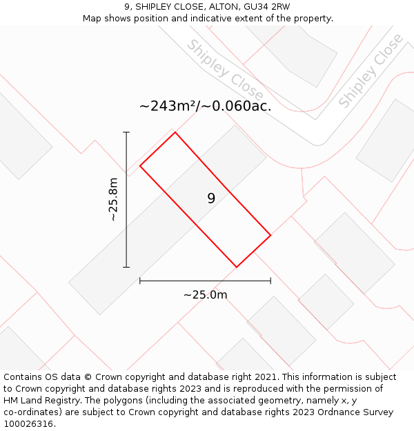 9, SHIPLEY CLOSE, ALTON, GU34 2RW: Plot and title map