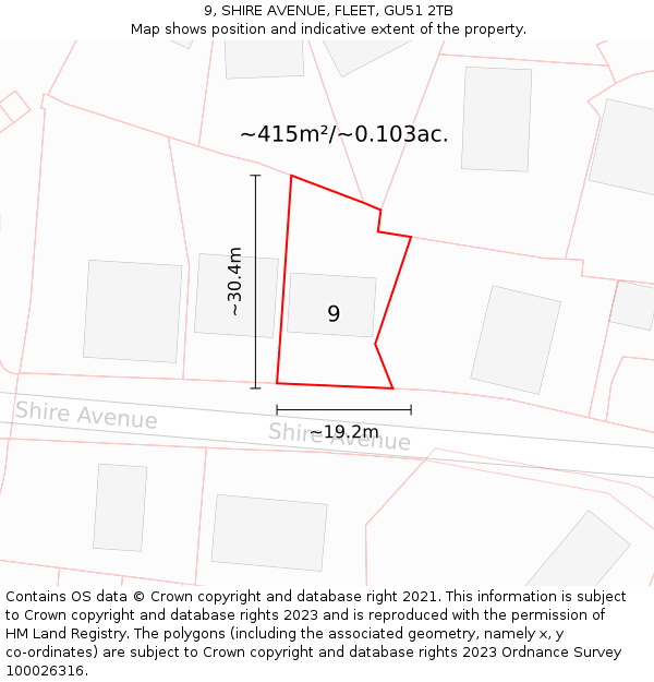 9, SHIRE AVENUE, FLEET, GU51 2TB: Plot and title map
