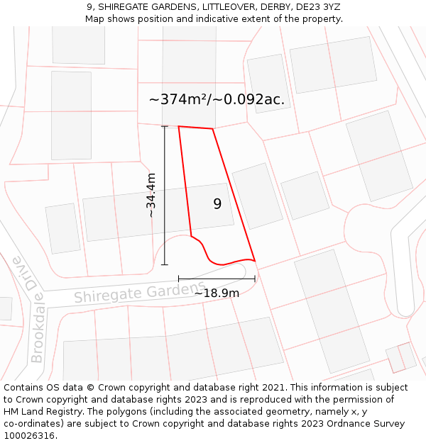 9, SHIREGATE GARDENS, LITTLEOVER, DERBY, DE23 3YZ: Plot and title map