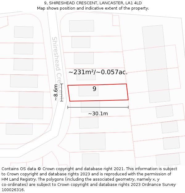 9, SHIRESHEAD CRESCENT, LANCASTER, LA1 4LD: Plot and title map