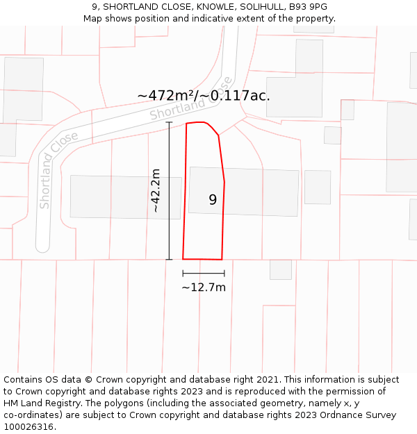 9, SHORTLAND CLOSE, KNOWLE, SOLIHULL, B93 9PG: Plot and title map