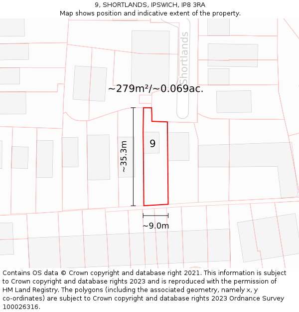 9, SHORTLANDS, IPSWICH, IP8 3RA: Plot and title map