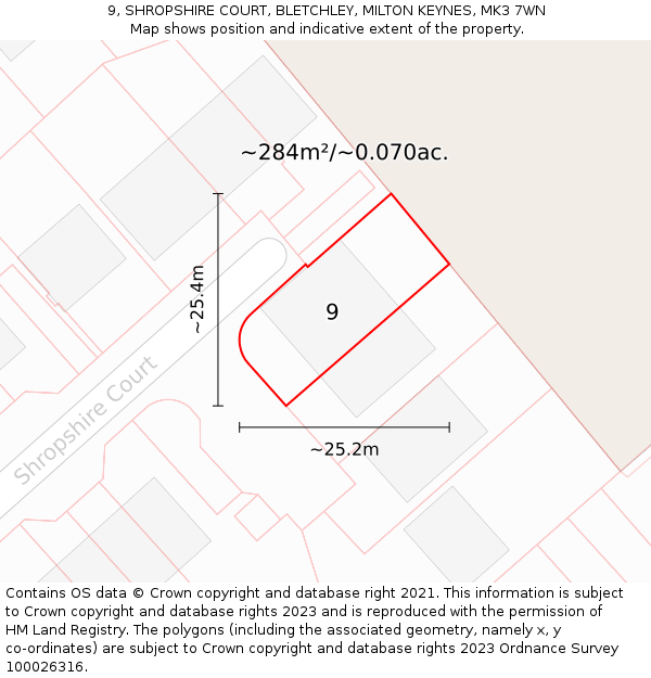 9, SHROPSHIRE COURT, BLETCHLEY, MILTON KEYNES, MK3 7WN: Plot and title map
