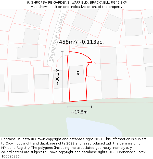 9, SHROPSHIRE GARDENS, WARFIELD, BRACKNELL, RG42 3XP: Plot and title map