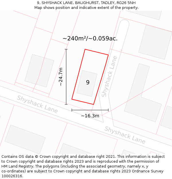 9, SHYSHACK LANE, BAUGHURST, TADLEY, RG26 5NH: Plot and title map