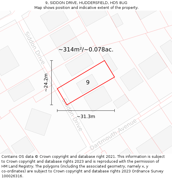9, SIDDON DRIVE, HUDDERSFIELD, HD5 8UG: Plot and title map