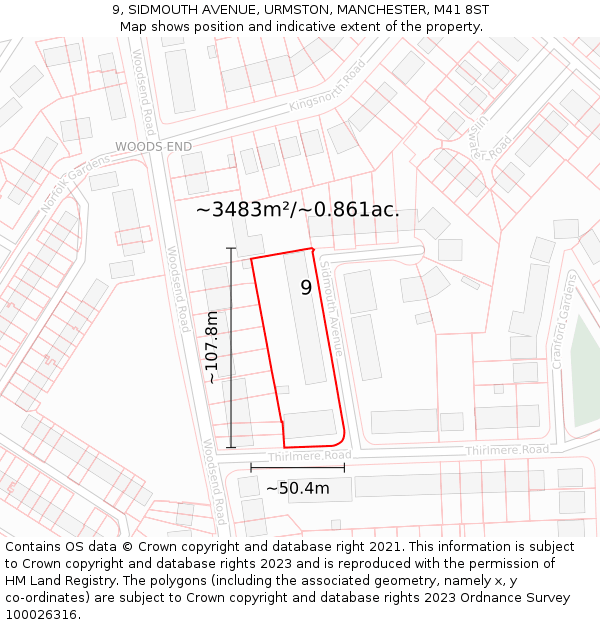 9, SIDMOUTH AVENUE, URMSTON, MANCHESTER, M41 8ST: Plot and title map