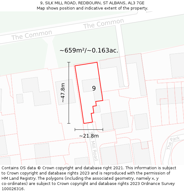 9, SILK MILL ROAD, REDBOURN, ST ALBANS, AL3 7GE: Plot and title map