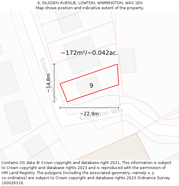9, SILSDEN AVENUE, LOWTON, WARRINGTON, WA3 1EN: Plot and title map