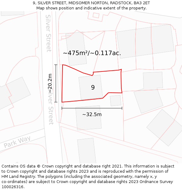 9, SILVER STREET, MIDSOMER NORTON, RADSTOCK, BA3 2ET: Plot and title map