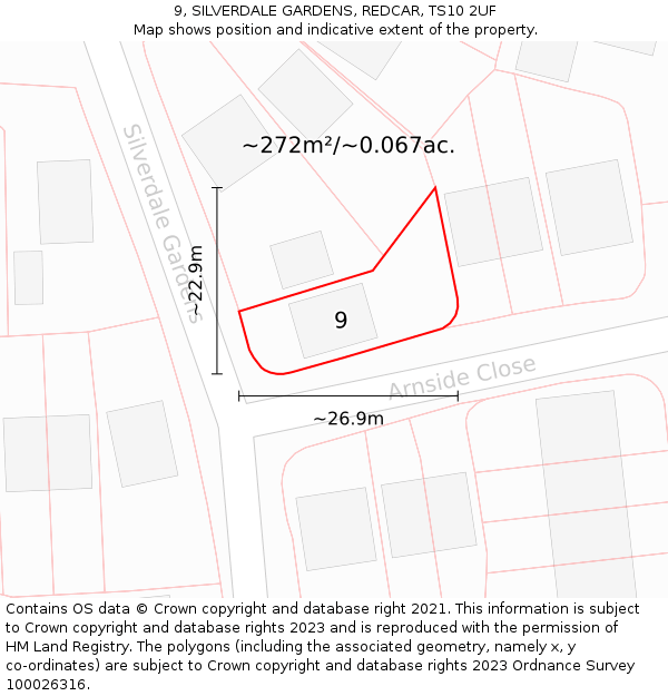 9, SILVERDALE GARDENS, REDCAR, TS10 2UF: Plot and title map