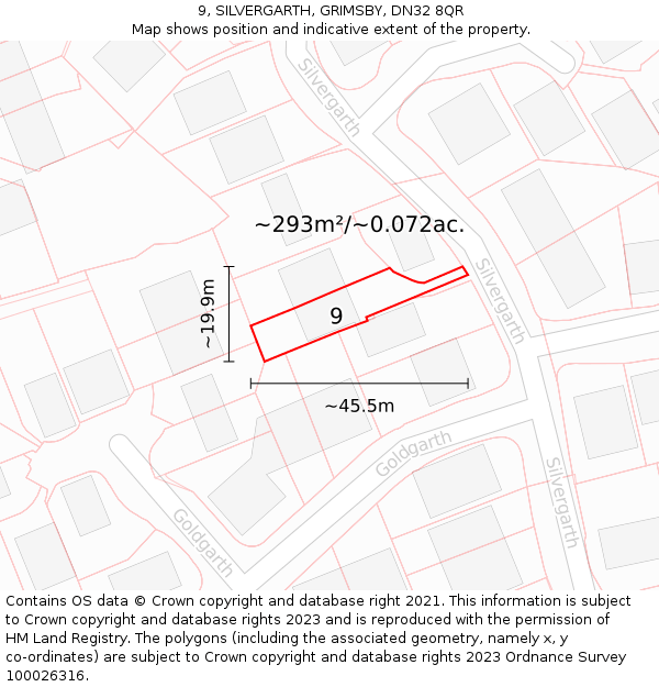 9, SILVERGARTH, GRIMSBY, DN32 8QR: Plot and title map