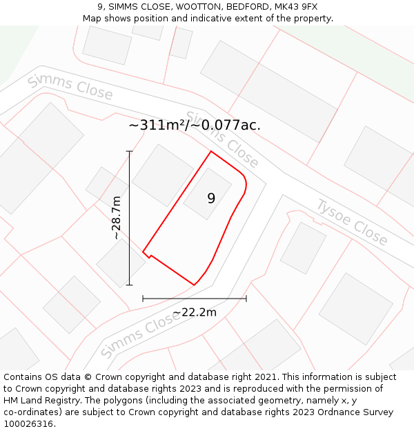 9, SIMMS CLOSE, WOOTTON, BEDFORD, MK43 9FX: Plot and title map